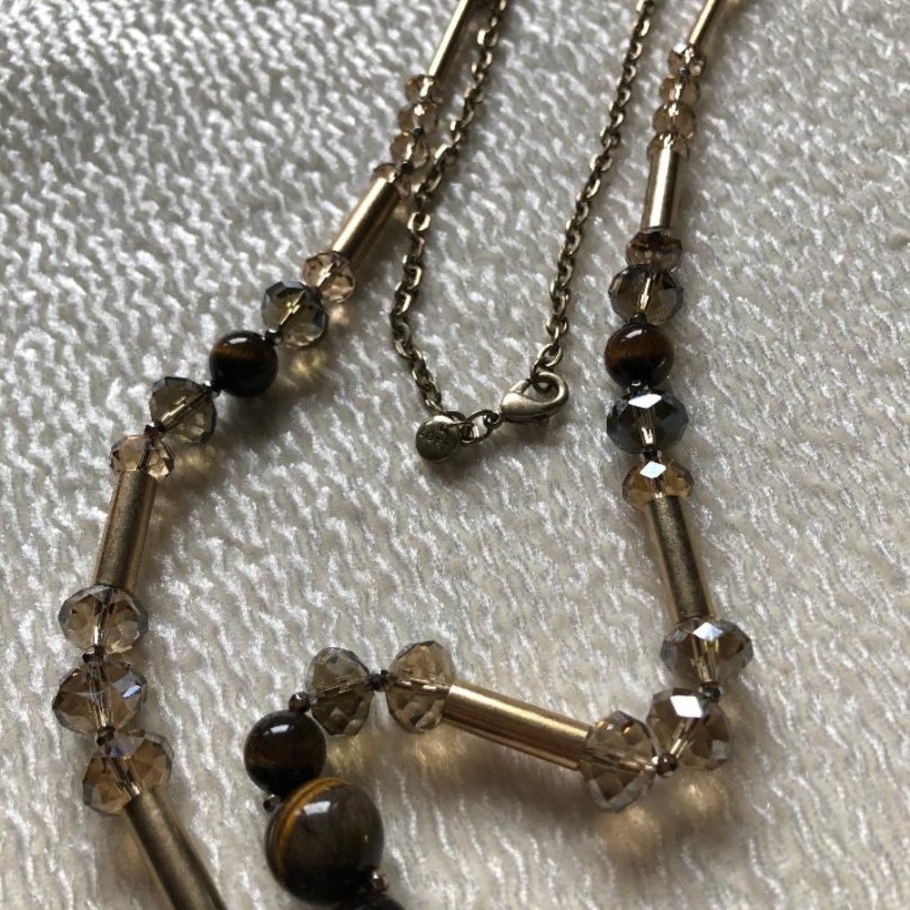 LOFT, 17" adjustable necklace, Brown (tiger eye look), tan crystals & gold beads